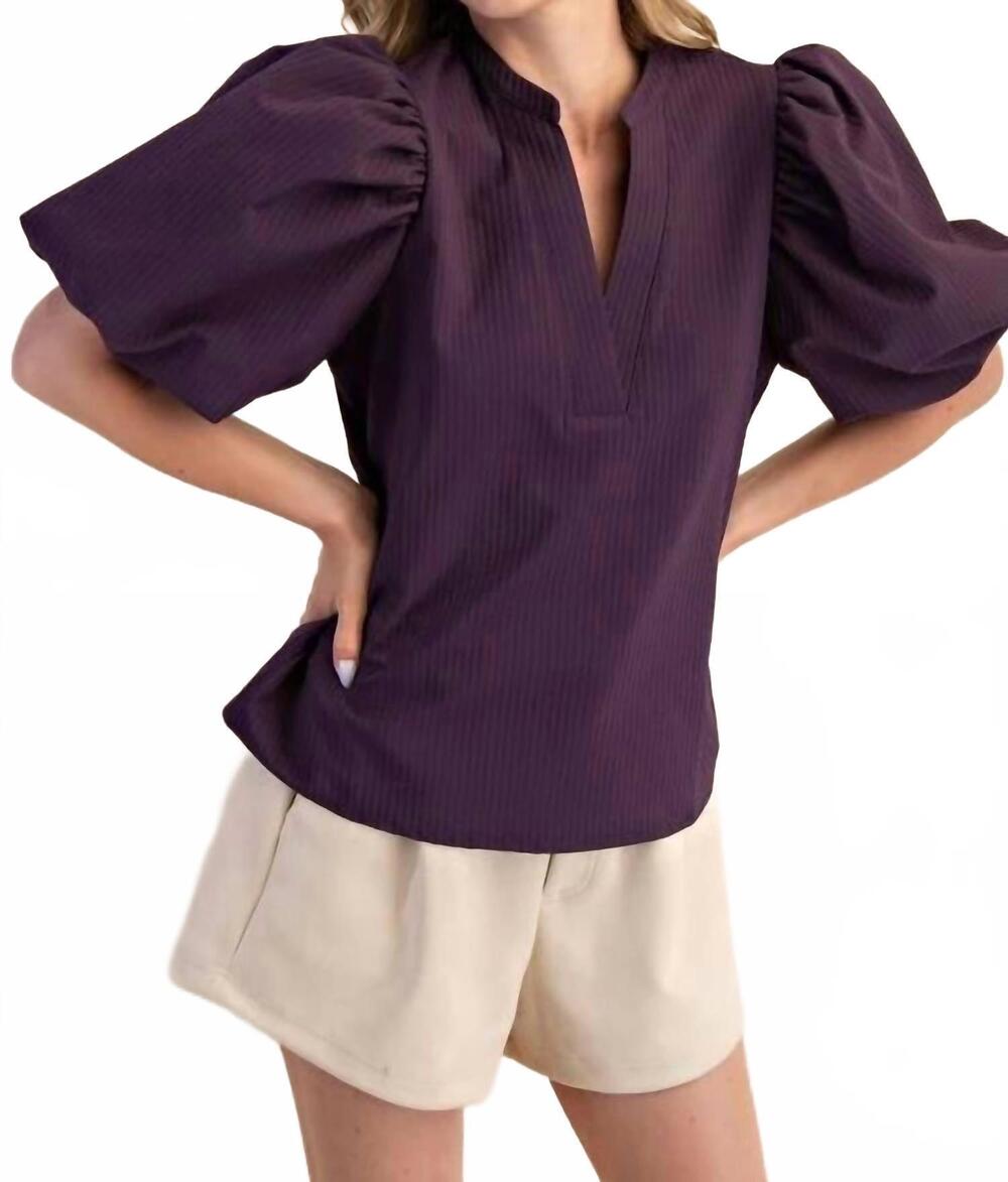 NEW GLAM kinsley v-neck puff sleeve blouse in plum